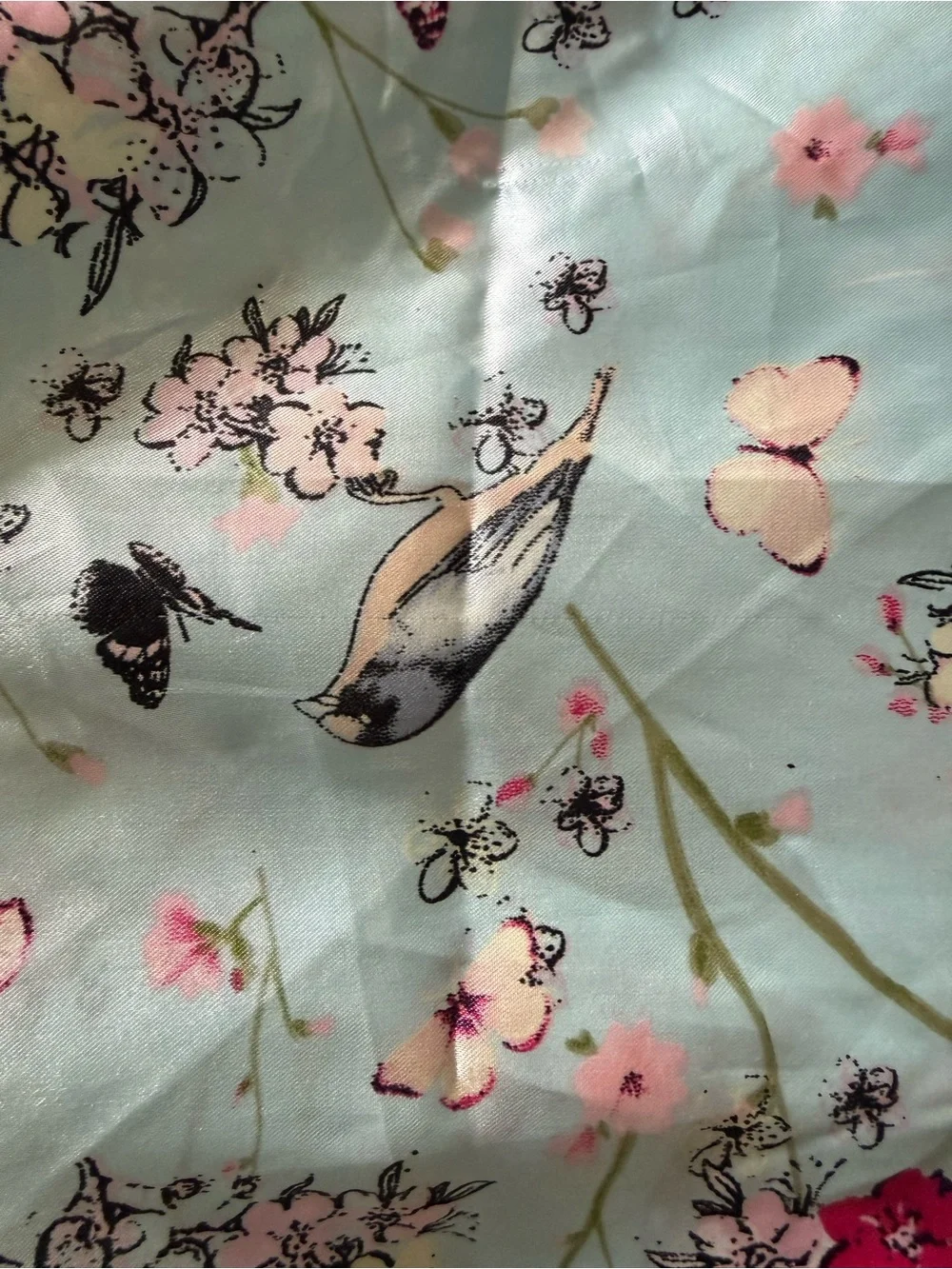 Forever 21 Light Blue Floral & Bird Satin Scarf